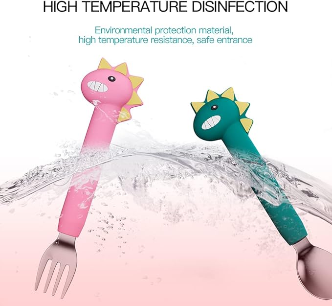 Forks and Spoons Cartoon Set Stainless Steel Utensils Flatware Round Handle Utensils Silverware Flatware Cutlery Set for Home, Kitchen and Restaurant (Pink Dinosaur - Long)