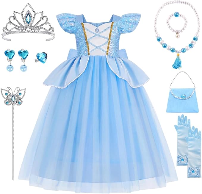 Princess Dress Up Clothes for Little Girls, Belle Costume Dress with Accessories for Birthday Party Cosplay Halloween