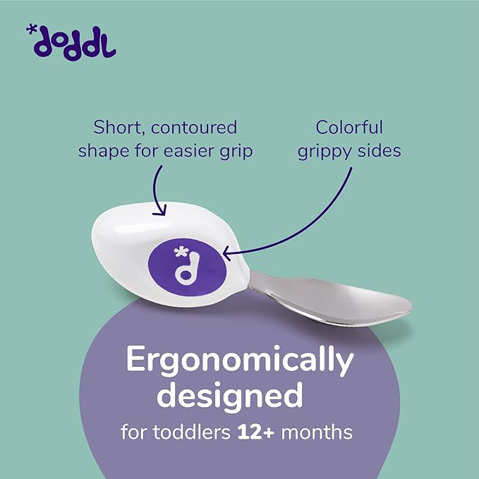 doddl Toddler Utensils, Ergonomic Fork and Spoon Set for Self Feeding, Stainless Steel Silverware for 1-3 Year Olds, BPA Free, Dishwasher Safe (Aqua)