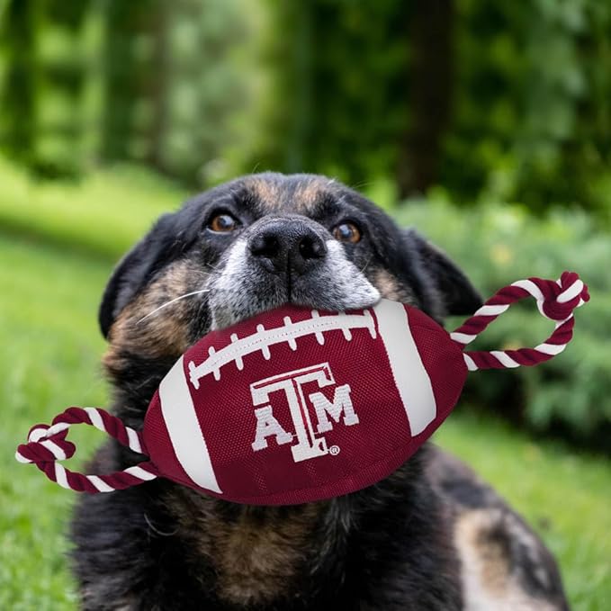 Pets First NCAA Texas A&M Aggies Football Dog Toy, Tough Quality Nylon Materials, Strong Pull Ropes, Inner Squeaker, Collegiate Team Color