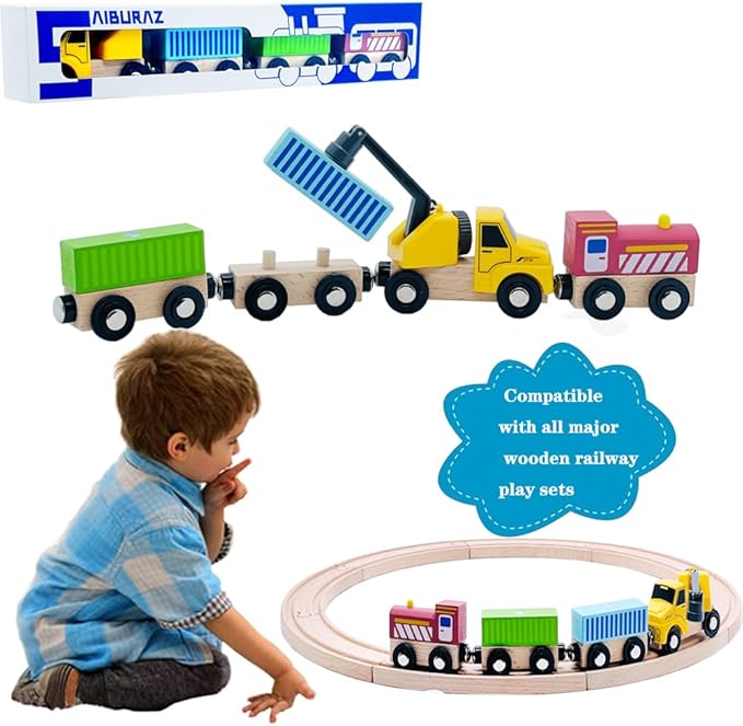 Wooden Trains Cars with Crane Magnetic Train Toys for Wooden Train Tracks Train Sets for Toddlers and Kids Ages 3+ (Crane Train)