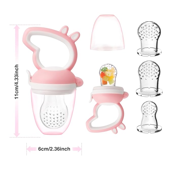Baby Fruit Feeder with Mini Freezer Tray, Baby Teethers, Breastmilk Popsicle Molds for Baby Teething Relief, Silicone Fresh Food Feeder for Safe Infant Self Feeding (Pig Pink)
