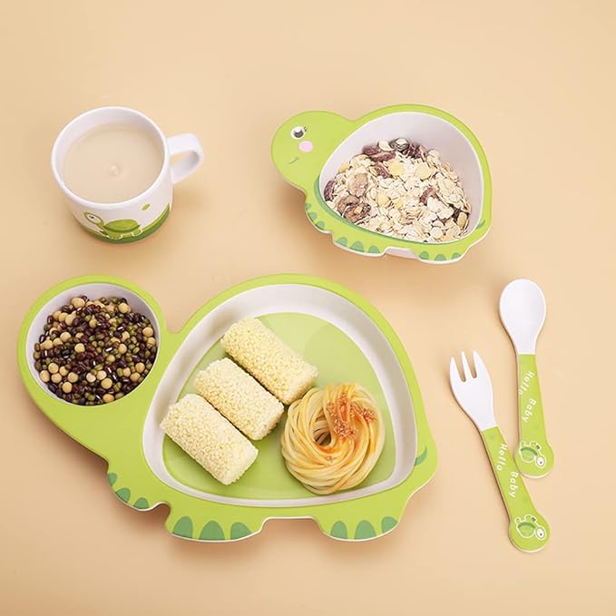 Bamboo Kids Dinnerware Set 5 Pcs Includes Plate Bowl Cup Fork Spoon Perfect for Kids BPA-Free (Tortoise)