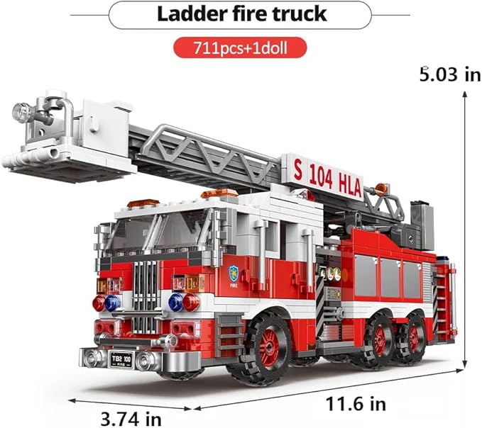 City Ladder Fire Truck Building Blocks Set (711 pcs) Fire Station Firetruck Bricks Collectible Fire Engine Building Kit Model Gift for Boys and Girls Adults Christmas and Birthday