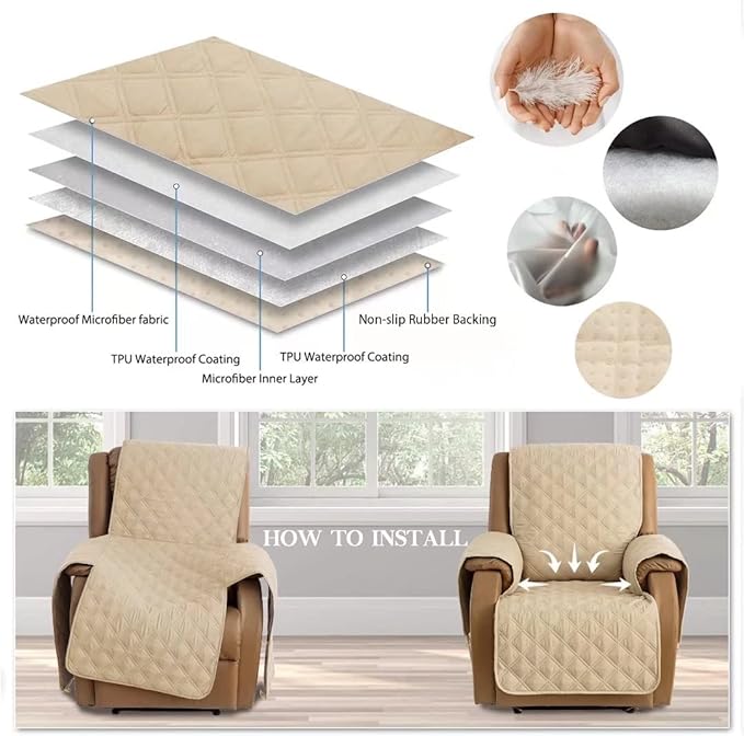 TOMORO Non-Slip Quilted Recliner Cover, 100% Waterproof Recliner Chair Slipcover Furniture Protector with Pockets, Washable Couch Cover with Elastic Straps for Kids and Pets，23 Inch