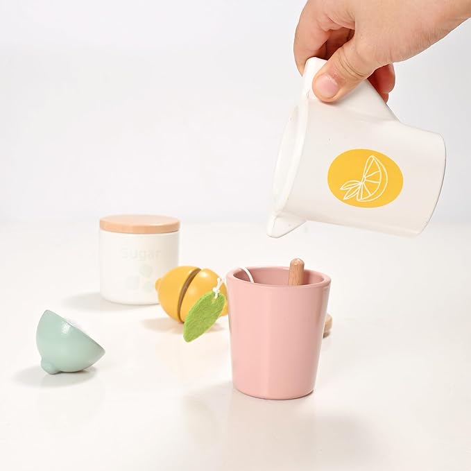 22pcs Wooden Tea Set for Little Girls, Toddler Tea Set with Lemons Kids Pretend Play Kitchen Accessories, Wooden Toys Lemonade Playset Gift Kids Tea Party Set with Sugar and Tea Bag