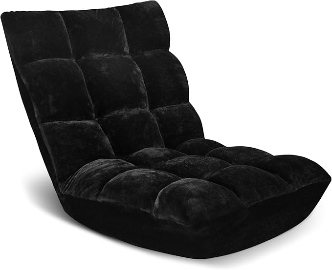 Folding Floor Chair 14-Position Cushioned Adjustable Floor Lazy Sofa Chair w/Breathable Cotton & Skin-Friendly Flannel for Adults & Kids Ideal for Reading Meditating, Black