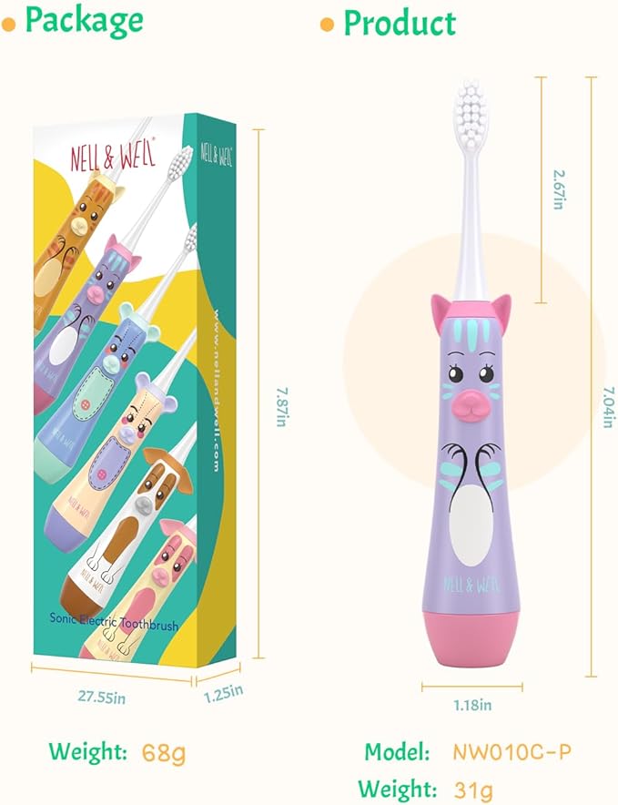 NELL&WELL Kids Electric Toothbrush, 2-Min Timer, 3 Modes with Memory, IPX 7 Waterproof, Battery Powered Kids Toothbrush with 3 Soft Bristles Heads for Children Boys and Girls Ages 3+