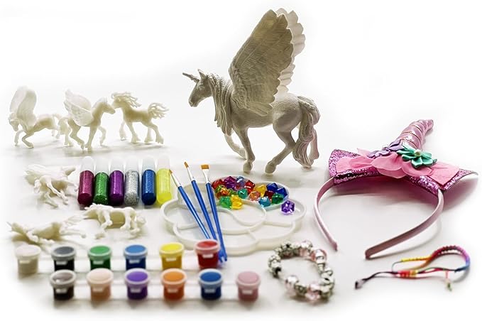 Magic Touches Kids Unicorn Painting Kit, DIY Arts & Crafts with Unicorns, Alicorns, Pegasus, Charm Bracelet, Headband and Gems, Perfect Party Gift Set for Girls Boys Artists Ages 5 to 12+