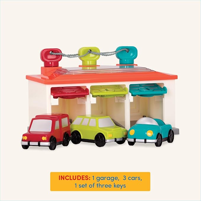 Battat – Car & Color Sorting Playset – Cause-And-Effect Toy – Push & Go Cars – Color-Coded Matching – 2 Years + – 3-Car Garage