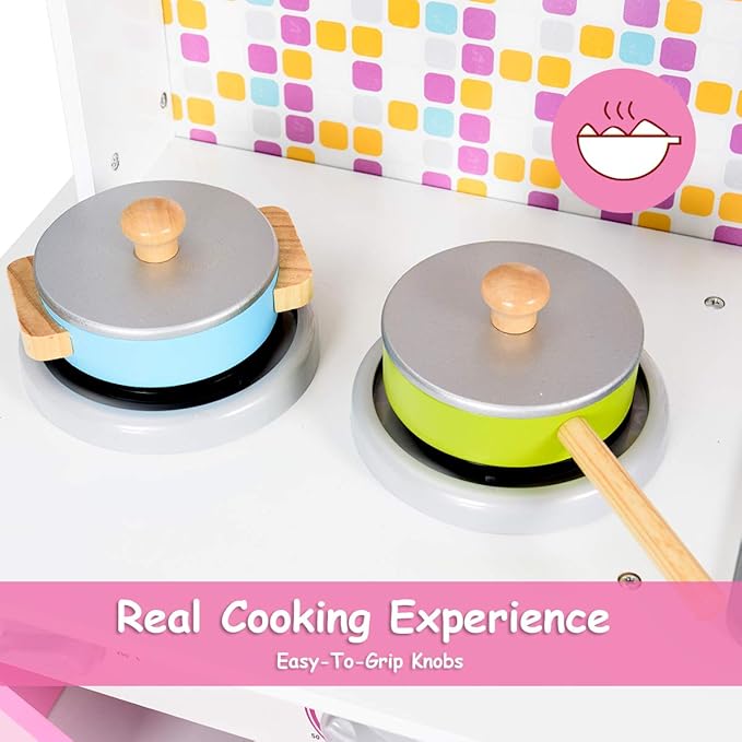 Costzon Kids Kitchen Playset, Wooden Pretend Chef Cooking Toy Kitchen with Realistic Sound, Microwave, Sink, Cookware Accessories, Pink Play Kitchen for Toddlers, Girls, Gift for Ages 3+