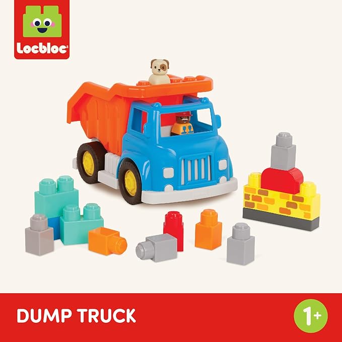 Battat- Locbloc – Toy Dump Truck – 17Pc Construction Set – Working Bucket- Building Blocks & Characters – 12 Months +