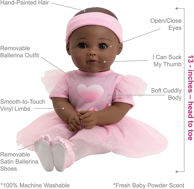 ADORA Enchanting Baby Ballerina Collection, 13-inch African-American Baby Doll Set with Pink Dress, Headband and Ballerina Shoes for Nurturing Pretend Play - Juliet