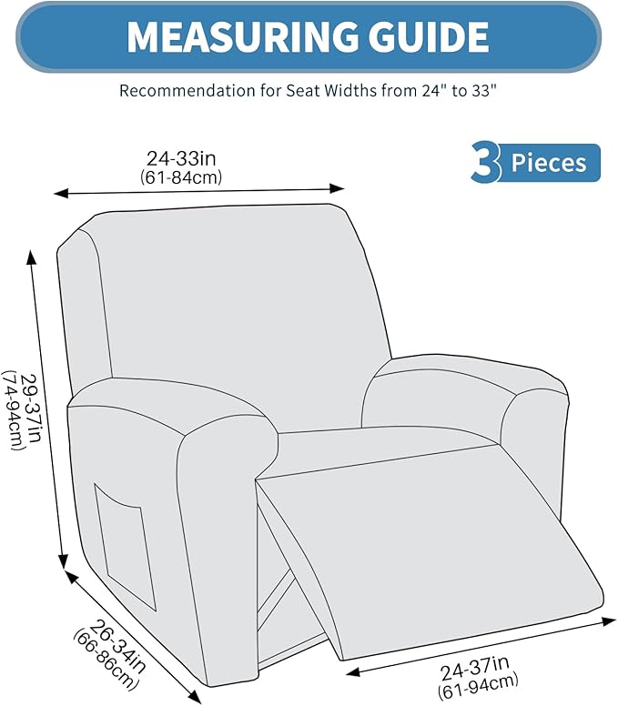 JIVINER 3 Piece Recliner Chair Cover Stretch Lazy Boy Non Slip Covers for Recliner with Pockets Soft Jacquard Reclining Sofa Slipcovers Furniture Protector with Elastic Bottom (1 Seater, Black)