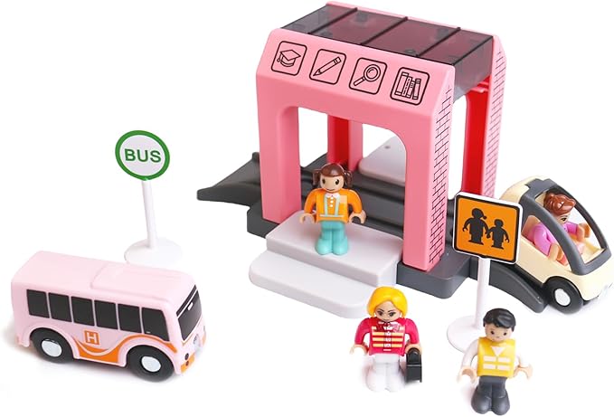 School Bus Station Toy for Wooden Train Track, DIY Extend Station Playset for Railroad Train Track,Preschool Learning Educational Toys for Toddlers Kids Age 3 and up