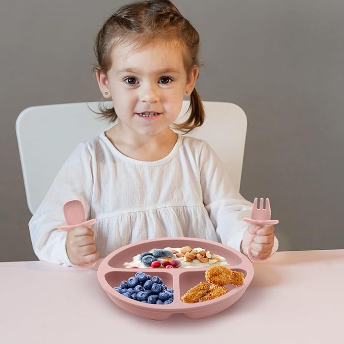 Silicone Baby Feeding Set, 2 Pack Divided Toddler Plates with Suction, 2 Pack Spoons and Forks Set, BPA Free, Baby Led Weaning Supplies for Baby Utensils Baby Eating Essentials