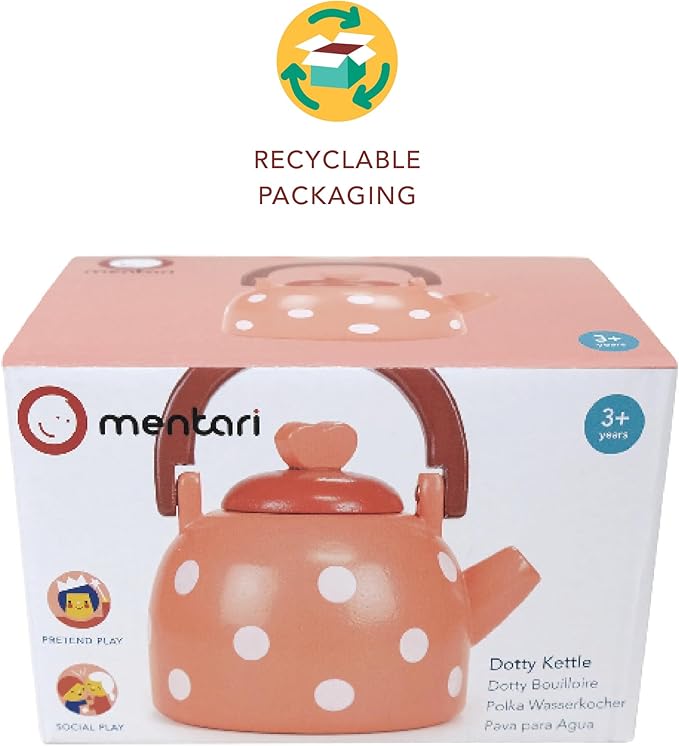 Mentari Toys - Dotty Kettle - Polka Dot Wooden Pretend Play Kitchen Accessory with Removeable Lid - Imaginative Teatime Fun for Toddlers - Encourage Role Play and Develop Social Skills - Age 3+