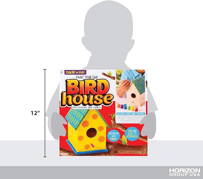 Made By Me Build & Paint Your Own Wooden Bird House Horizon Group USA, DIY Birdhouse Making Kit, Includes Paints, Brushes, Glue & Wind Chimes, Multicolor (46090F)