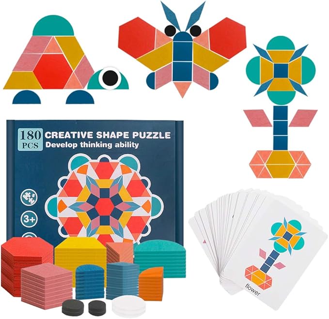 USATDD 180 Pcs Wooden Tangrams Pattern Blocks Set Geometric Manipulative Shape Puzzle Kindergarten Classic Educational Montessori Toys for Kids Toddlers Ages 4-8 with 24 Pcs Flash Cards