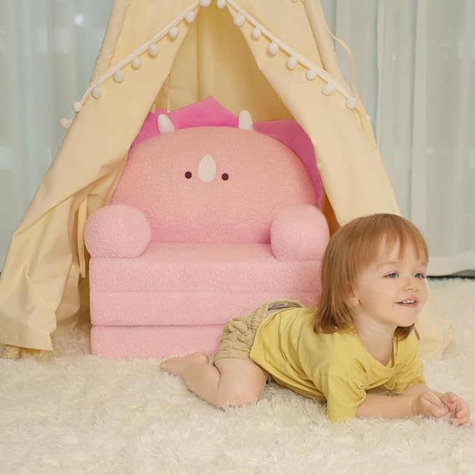 MOONBEEKI Comfy Toddler Chair, Kids Couch Fold Out to Lounger, Foldable Baby Sofa Plush for Girl and Boy Age 18 Months and Up （Pink Triceratops）