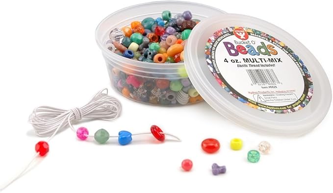 Hygloss Products, Assorted Bucket O’ Beads, Multi-Mix, Sizes, 4 Oz. Container (with Elastic Thread)