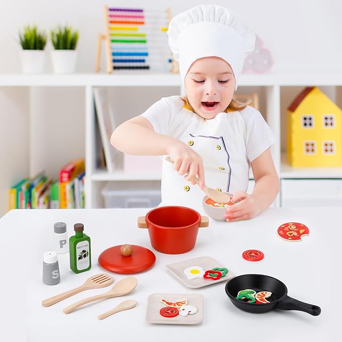 deli Wooden Play Food Set, 25Pcs Kids Play Kitchen Toys Set, Pretend Cooking Playset Acccessories for Kids Ages 3+