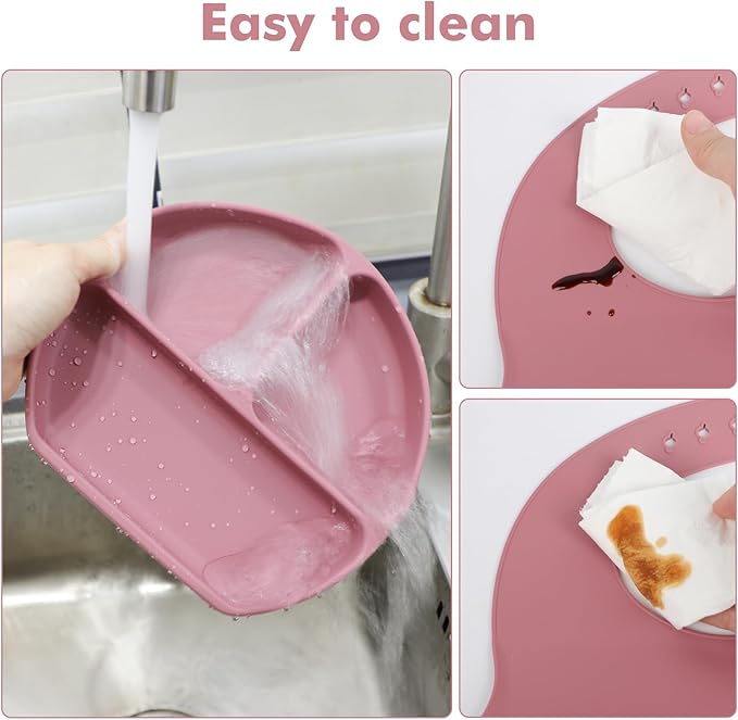 Silicone Baby Feeding Set 15 Pcs，Baby Spoons Suction Bowl Divided Plate Bib Cup Finger Brush Teething Teether，Baby Led Weaning Supplies,Baby & Toddler Silicone Plates and Bowls Dining Set（pink）