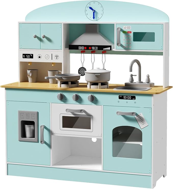 Babytronic Wooden Play Kitchen Set, Pretend Play Kitchen with Lights and Sounds for Kids Ages 3+, Includes Stove, Oven, Microwave, Coffee Maker, and Accessories, Toy Kitchen Set for Toddlers (Blue)