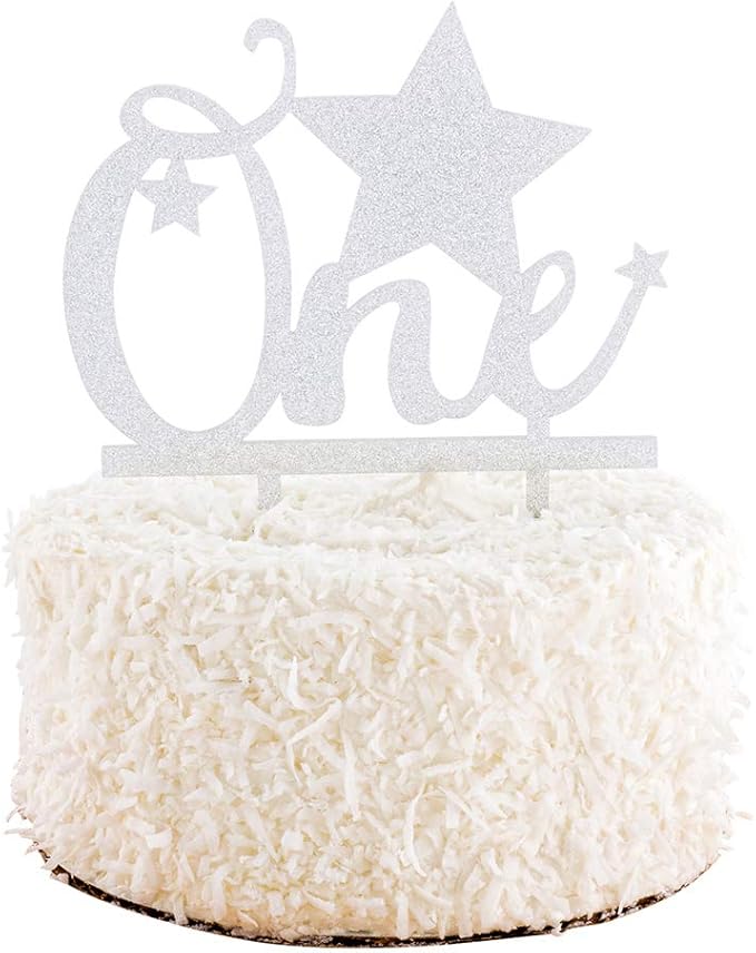 Restaurantware Top Cake One Cake Topper 1 Piece With Glitter Stars 1st Birthday Cake Topper - Double Sided For Anniversaries And Parties Silver Acrylic 1 Cake Topper Event Supplies