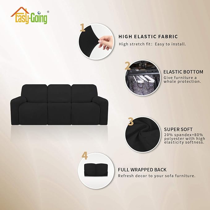 Easy-Going 8 Pieces Microfiber Stretch Sectional Recliner Sofa Slipcover Soft Fitted Fleece 3 Seats Couch Cover Washable Furniture Protector with Elasticity for Kids Pet(Recliner Sofa, Black)