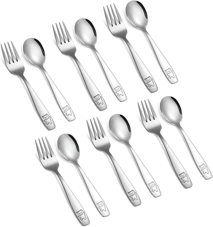 Pimoys 12 Pieces Kids Silverware Toddler Utensils Kids Forks and Spoons Set, Metal Toddler Cutlery Stainless Steel Childrens Flatware Set, Dishwasher Safe