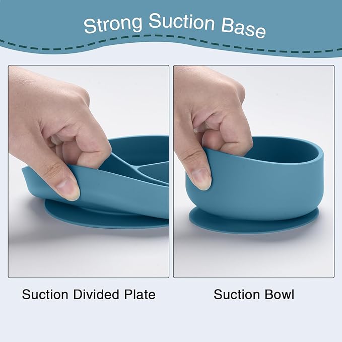 Silicone Baby Feeding Set,13PCS Baby Feeding Essentials with Suction Bowl and Plate,Spoons & Forks,Bib & Cup,Baby Toothbrush,Baby Led Weaning Supplies for 6+ Months,Baby Eating Essentials (Blue)