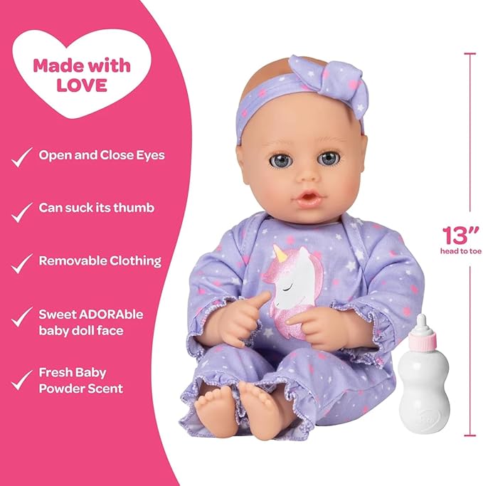 ADORA Play Time Babies Collection, 13" Baby Doll with Doll Clothes and Accesories, Made with Sweet Baby Powder Scent, and GentleTouch Vinyl Body, Birthday Gift for Ages 1+ - Unicorn Glitter