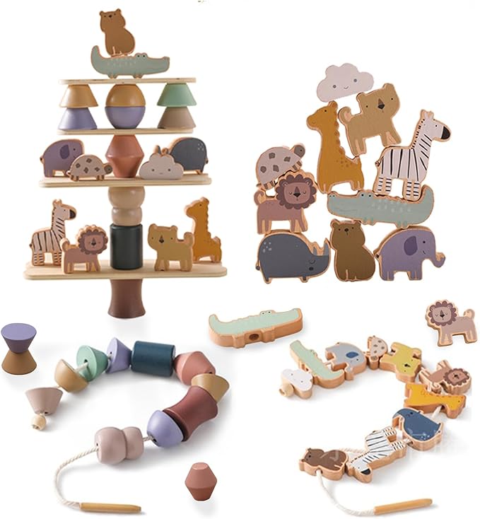 Wooden Animals Threading Toys Lacing Beads for Toddlers 2 3 4 5 Years Old, Stacking Blocks Balance Toy, Educational Preschool Learning Toy, Montessori Activities for Boys & Girls
