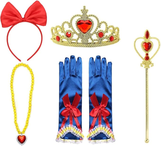 Princess Snow White Dress up Accessories for Girls Princess Belle Snow White Party Favors Gifts Set Including Crown Scepter Wand Necklace Gloves Red Bow Headband