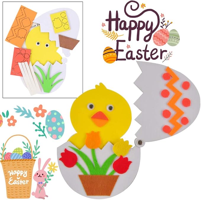 BigOtters Easter Craft Kits, 6PCS DIY Sets Including Hatching Chick Bunny Egg Easter Basket Craft Stick Sign Bunny Wreath and Rabbit Glasses for Kids Favor Classroom Daycare Homeschool Art Decor