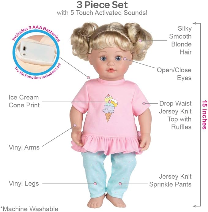 Adora My Cuddle & Coo Babies Collection, 15" Baby Doll with Sweet Powder Scent and 5 Touch Activated Sounds: She Cries, Coos, Giggles, Kisses Back & Says Momma Birthday Gift For Ages 3+ - Sweet Dreams