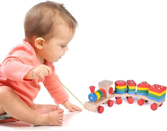 FUN LITTLE TOYS Stacking Train, Shape Sorter Wooden Toys(23 pcs), Sorting & Stacking Toys for Toddler 3, Montessori Toys for 3 Year Old Boy Girl Gifts, Kids Wooden Train Toy