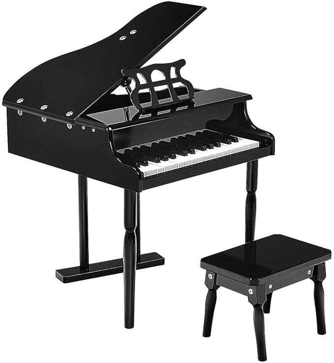 Goplus 30-Key Classical Kids Piano, Mini Grand Piano Wooden Learn-to-Play Musical Instrument Toy with Bench, Piano Lid, Music Rack, Gift for Boys Girls Aged 2+ Baby Tollder(3 Straight Leg-Black)