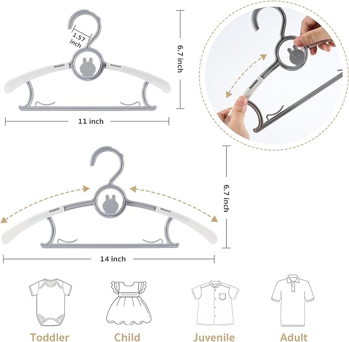 Baby Hangers for Closet Adjustable Kids Hangers 40 Pack 11"-14" Baby Hangers in Mixed Colors for Kids' Closet, Children Non-Slip and Extendable Clothes Hangers for Nursery Infant Toddle