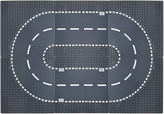 Classic City Street Baseplates 10” x 10” Building Brick Block Highway Race Track Base Plate Toy Kit, Compatible with Lego, 2 Straight + 4 Curved Road Baseplates