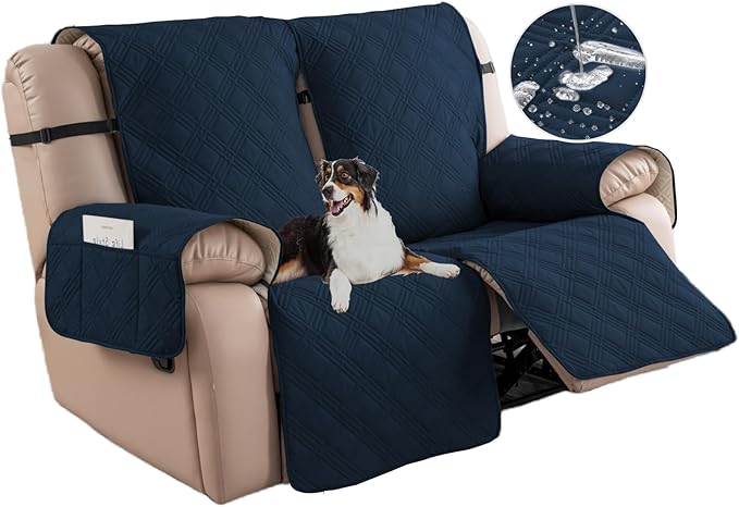 Easehomey Waterproof Loveseat Recliner Cover,Non Slip Reclining Couch Covers for 2 Seat,Dog Chair Cover Furniture Protector Washable Chair Cover with Pocket for Kids,Pets,Dogs(Dark Blue,2Seat)