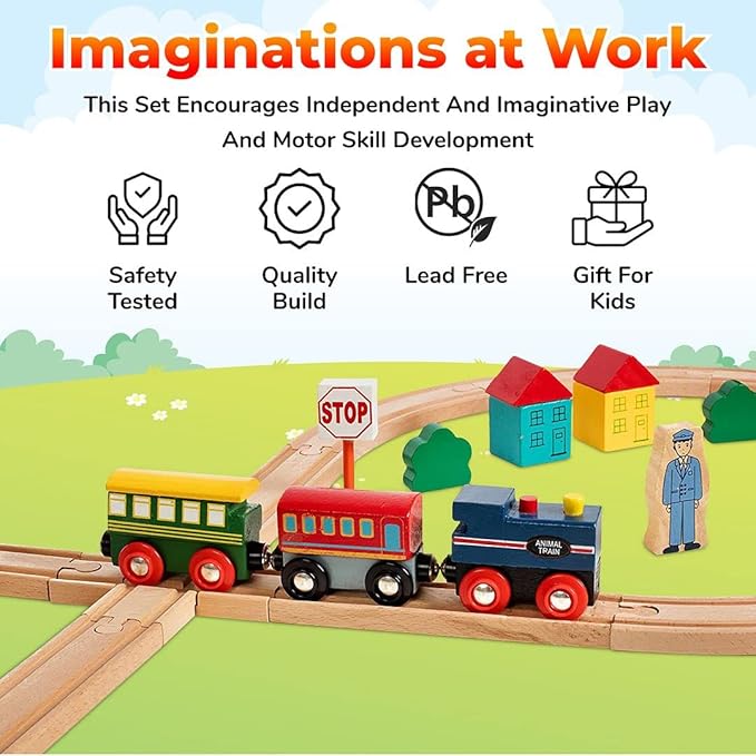 Wooden Train Set 35 Piece All in One Wooden Toy Train Tracks Set with Magnetic Trains and Railway Accessories, Comes in A Clear Container, Compatible with All Major Brands