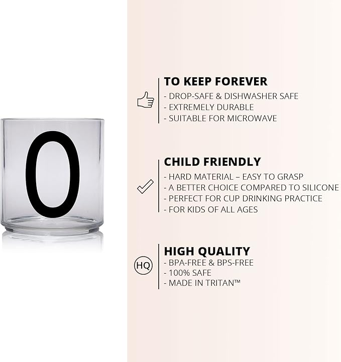 Design Letters Tritan Dinnerware Cups for Kids A-Z 6 Oz| Kids Glass Designed in Denmark for Baby feeding | Toddler Cup for Drinking | Unbreakable Tableware for Baby|Stackable Tumbler Cup BPA/BPS Free