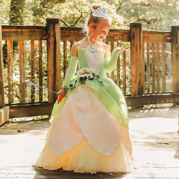 Princess Tiana Costume Dress up Accessories for Girls Tiana Cosplay Accessories Christmas Gifts Set Tiana Gloves Tiara Crown Necklace Wand Earrings Ring Princess Accessories for Girls