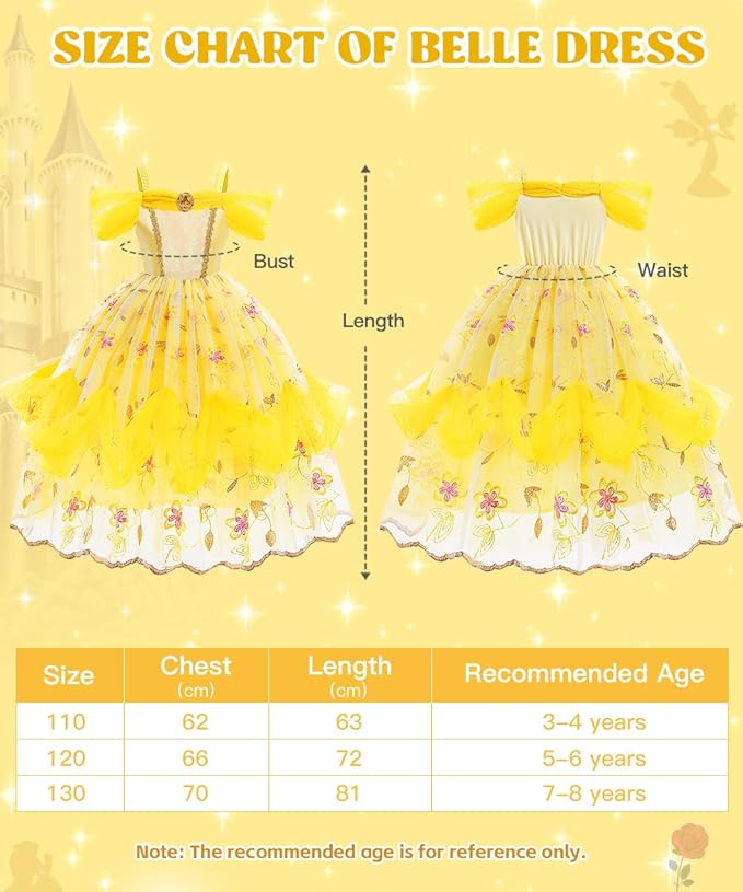 Princess Dress Up Clothes for Little Girls, Belle Costume Dress with Accessories for Birthday Party Cosplay Halloween