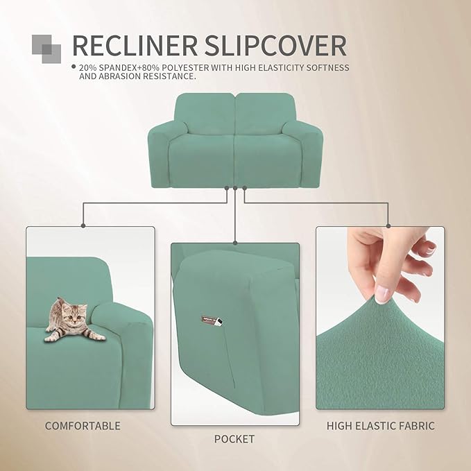 Easy-Going 6 Pieces Microfiber Stretch Sectional Recliner Sofa Slipcover Soft Fitted Fleece 2 Seats Couch Cover Washable Furniture Protector with Elasticity for Kids(Recliner Loveseat, Cyan)