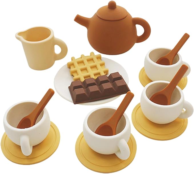 Silicone Tea Party Set, Silicone Tea Set for Kids with Play Food(Chocolate and Waffles), Pretend Play Kitchen Accessories(Brown)