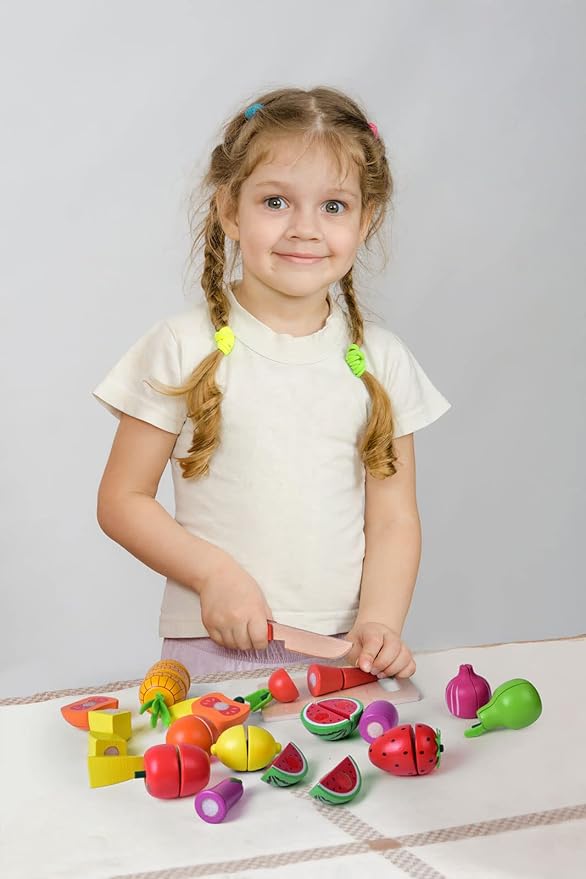 FUN LITTLE TOYS 35PCS Wooden Play Food for Kids Kitchen, Pretend Cutting Food Toys with Wooden Tray, Dishes and Knife for Kids, Pretend Play Food for Christmas Birthday Gifts