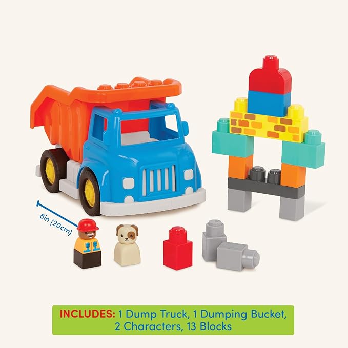 Battat- Locbloc – Toy Dump Truck – 17Pc Construction Set – Working Bucket- Building Blocks & Characters – 12 Months +